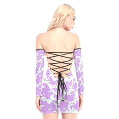 Bat Pattern Off-shoulder Back Lace-up Dress - Wonder Skull