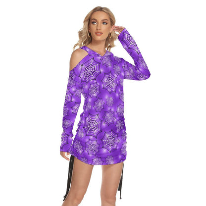 Purple Spider Net All Over Print Women One Shoulder Dress With Waist Shirring, Hot Long Hoodie For Women - Wonder Skull
