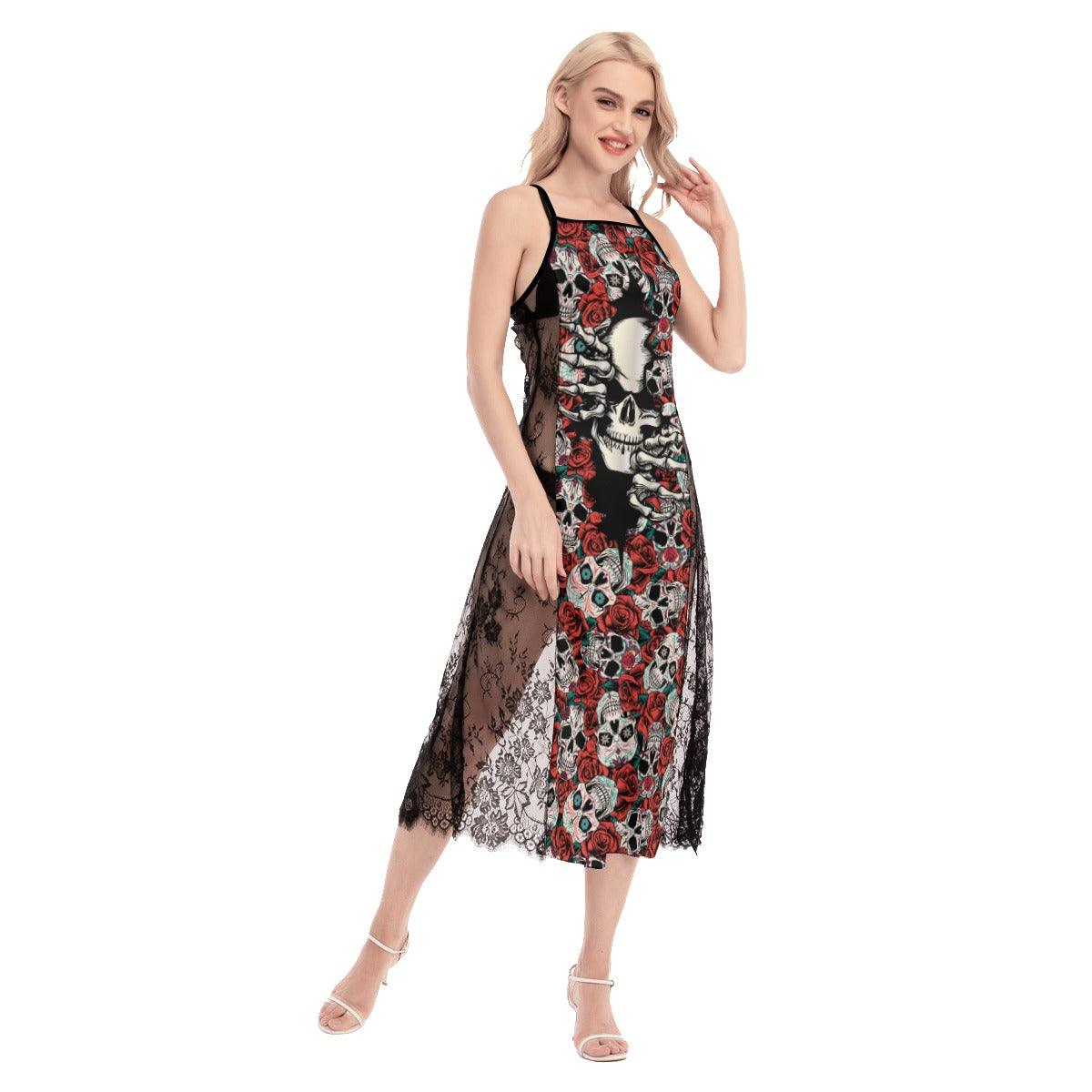 Rose Crack Skull Pattern Lace Cami Cross Back Women Dress - Wonder Skull