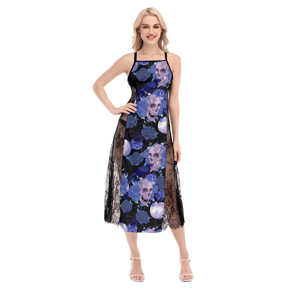 Hot Flower Skull Pattern Lace Cami Cross Back Women Dress - Wonder Skull