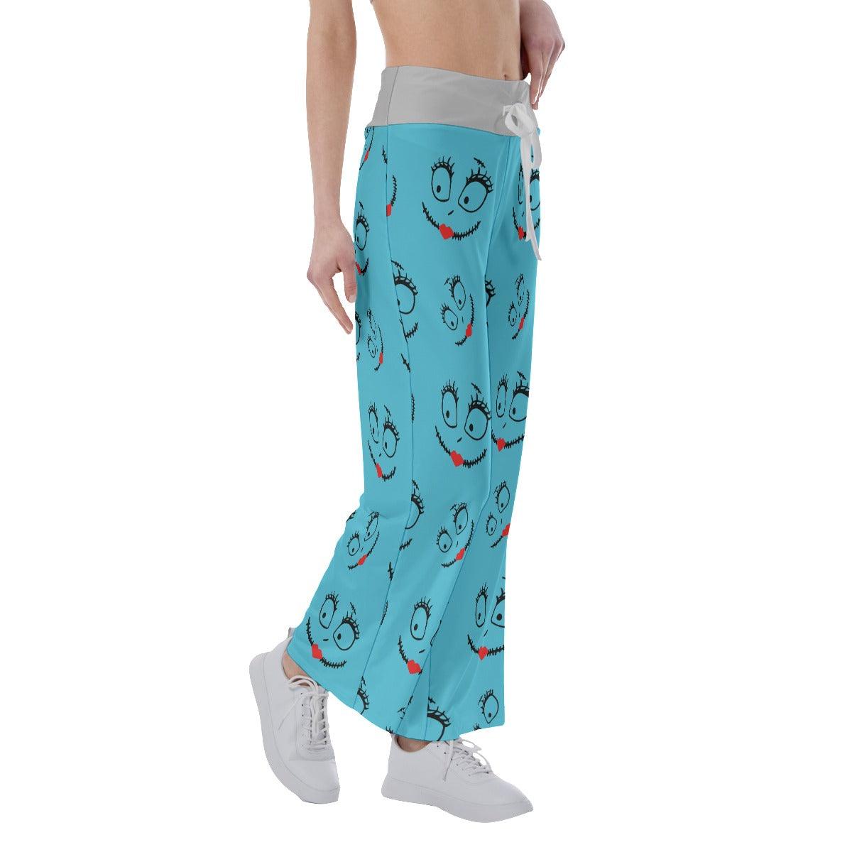 Nightmare Blue Face Pattern Pajama Pants Print Drawstring Palazzo Lounge - Wonder Skull