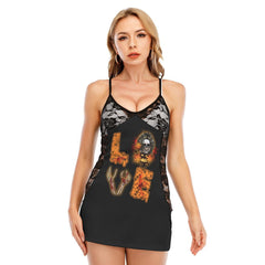 Halloween Skull Love All-Over Print Women Black Lace Cami Dress, Slay Nightwear For Women - Wonder Skull