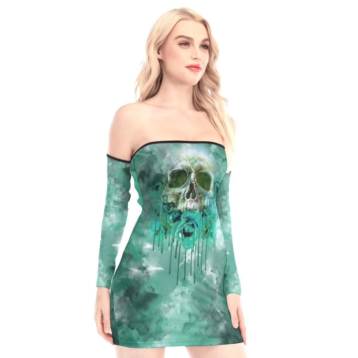 Green Melting Skull Off-shoulder Back Lace-up Dress - Wonder Skull