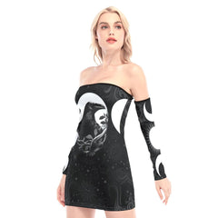 Crescent Moon Raven Off-shoulder Back Lace-up Dress - Wonder Skull