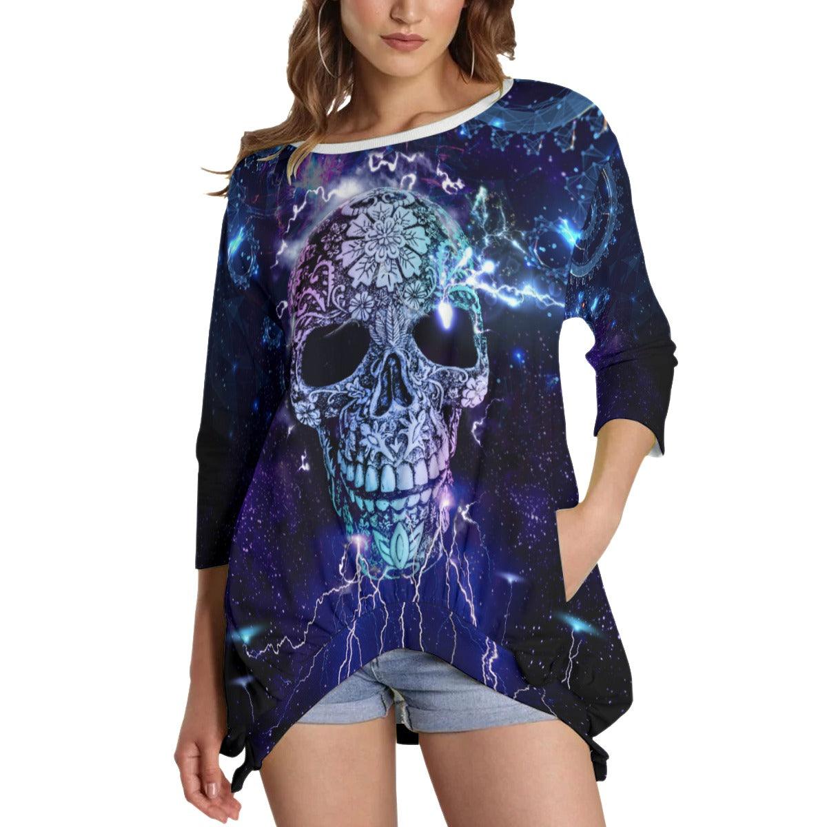 Skull Thunder Sweatshirt With Irregular Pleated Hem - Wonder Skull