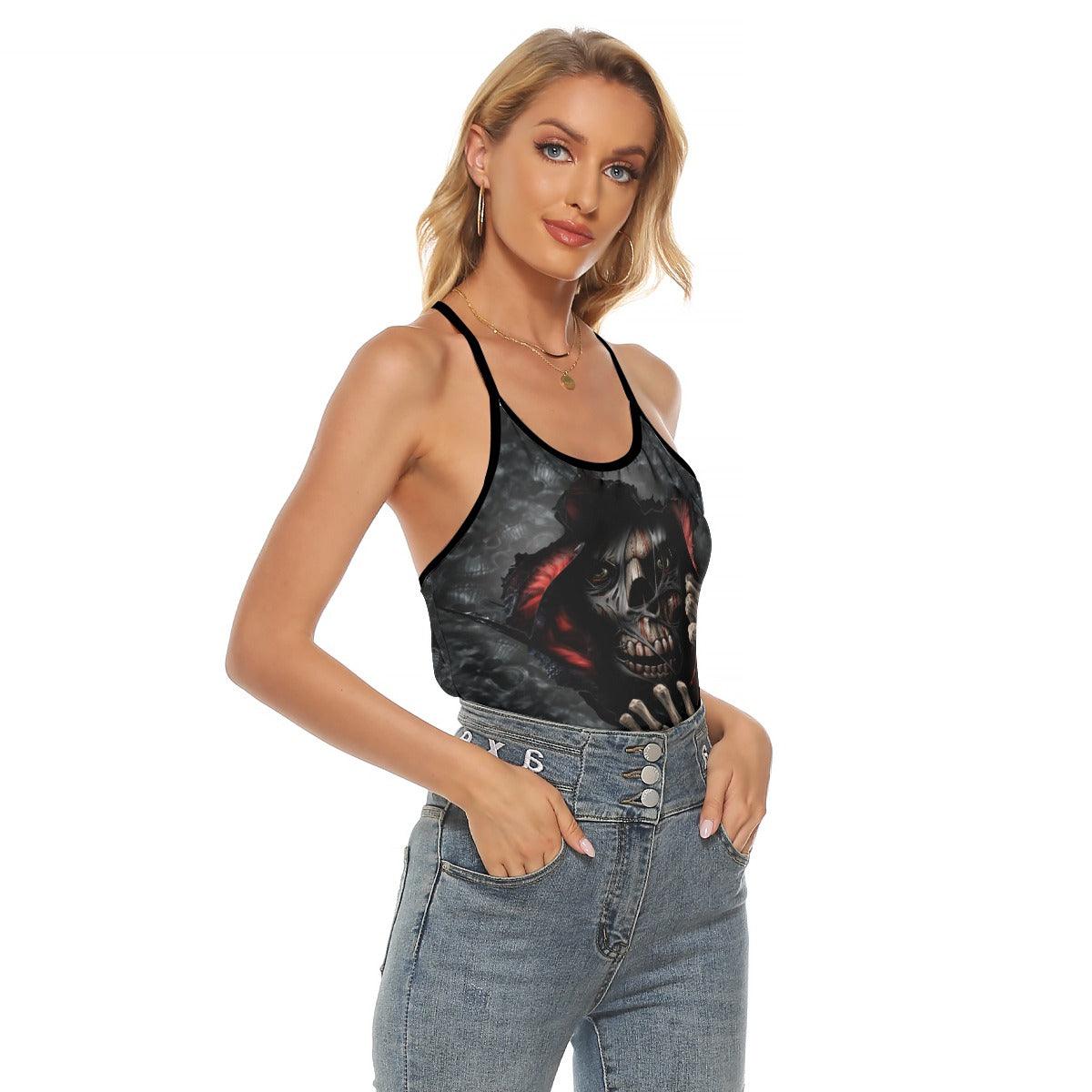 Scary Skull Death Hand Criss-Cross Open Back Tank Top, Hot T-Shirt For Women - Wonder Skull