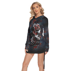 Black Skull Rose Color Drawing Skull Print Open Shoulder Dress - Wonder Skull