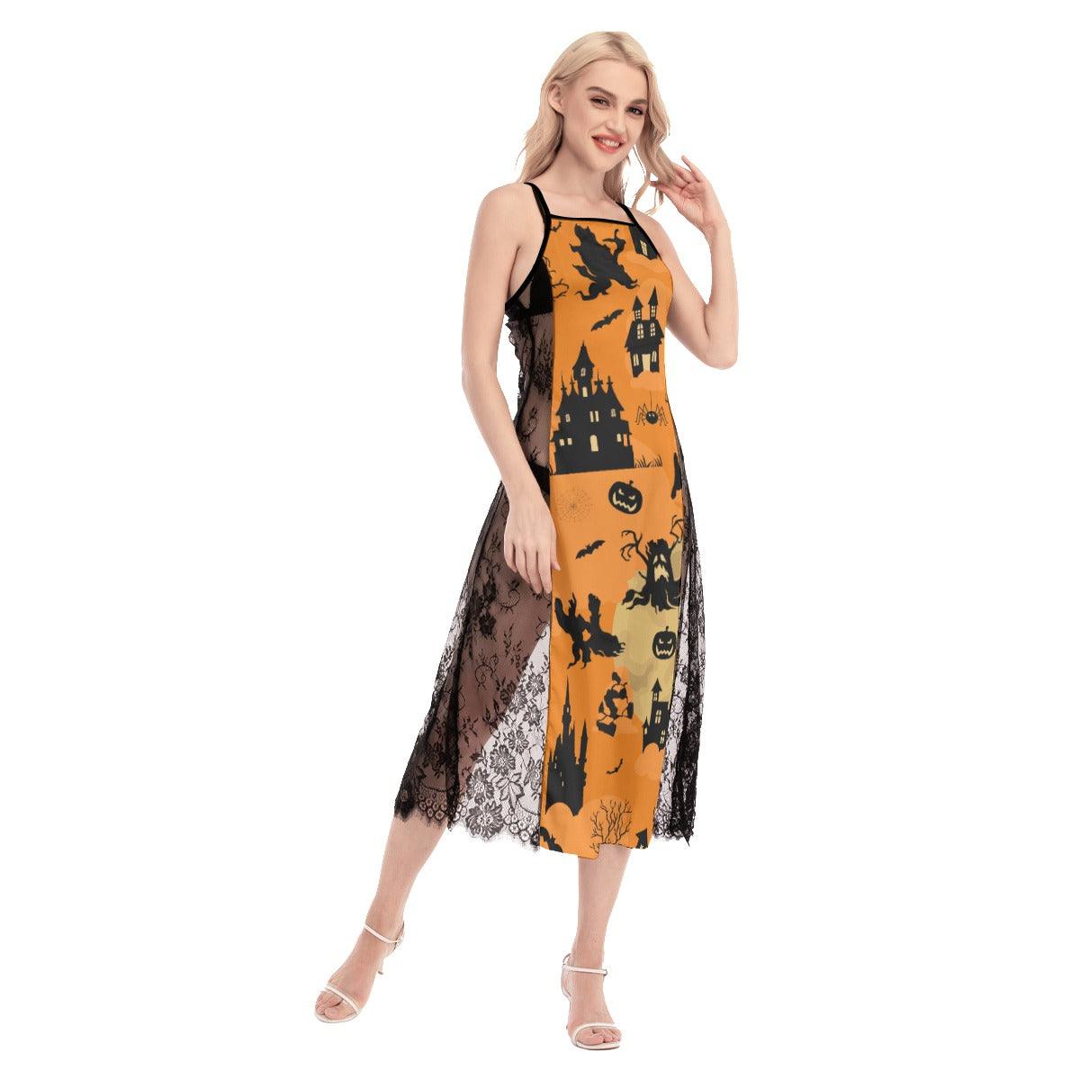 Halloween Castle Seamless All-Over Print Women Lace Cami Cross Back Dress, Gorgeous Nightgown - Wonder Skull