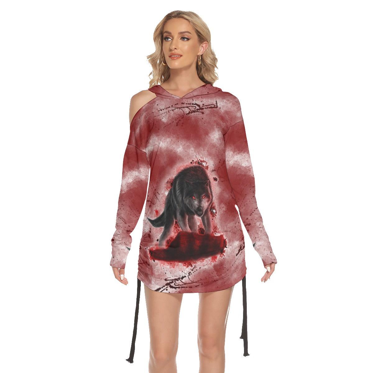 Bloody Thirsty Wolf All Over Print Women One Shoulder Dress With Waist Shirring, Long Hoodie For Women - Wonder Skull
