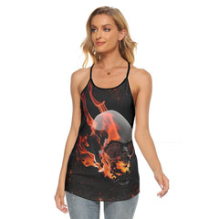 Fire Flame Skull Criss-Cross Open Back Tank Top, Coolest T-Shirt For Women - Wonder Skull