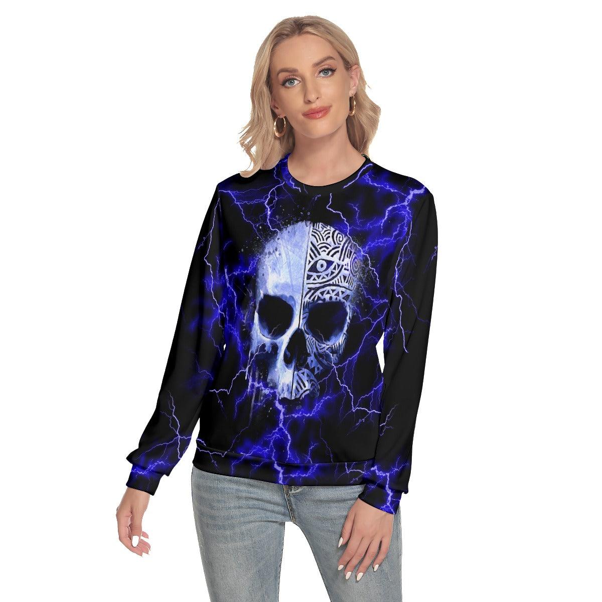 Blue Lightning Skull Slim Round Neck Sweatshirt - Wonder Skull