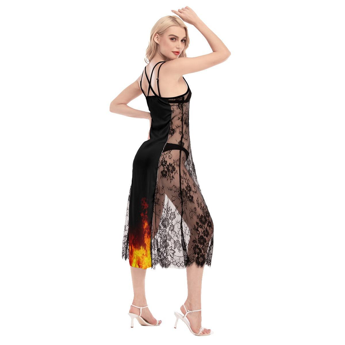 Fire Flame Skull Pattern Lace Cami Cross Back Women Dress - Wonder Skull