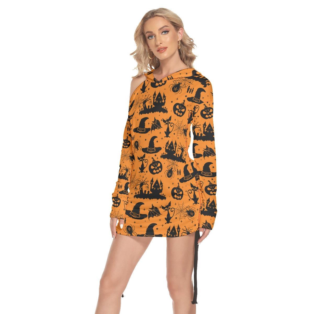 Halloween Cat Pumpkin All Over Print Women One Shoulder Dress With Waist Shirring, Long Hoodie For Women - Wonder Skull