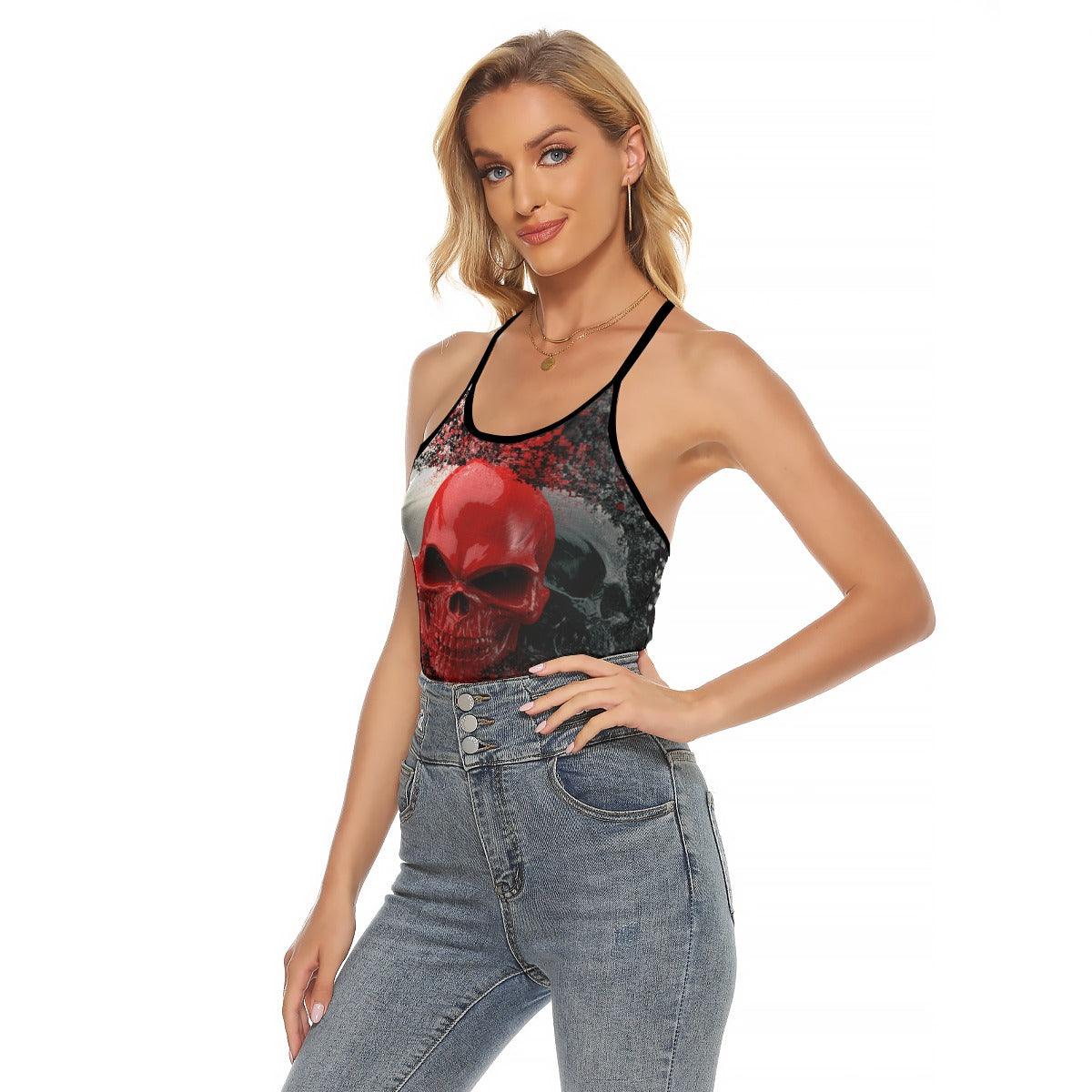 Three Skull Rose Criss-Cross Open Back Tank Top, Trending T-Shirt For Women - Wonder Skull