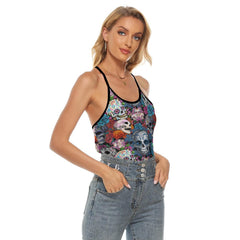 Colorful Sugar Skull Pattern Criss-Cross Open Back Tank Top, Coolest T-Shirt For Women - Wonder Skull