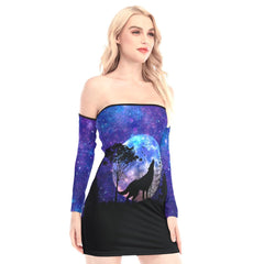 Galaxy Wolf Off-shoulder Back Lace-up Dress - Wonder Skull