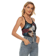 Vintage Gothic Girl Skull Rose Criss-Cross Open Back Tank Top, Coolest T-Shirt For Women - Wonder Skull