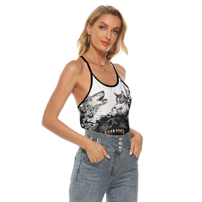 Wolves Wholling Criss-Cross Open Back Tank Top, Hot T-Shirt For Women - Wonder Skull