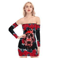 Skull Rose Flower Gothic Off-shoulder Back Lace-up Dress - Wonder Skull