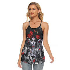 Gothic Girl Skull Artwork Hand Criss-Cross Open Back Tank Top, Hot T-Shirt For Women - Wonder Skull