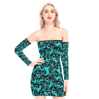 Cyan Chaotic Skull Off-shoulder Back Lace-up Dress - Wonder Skull