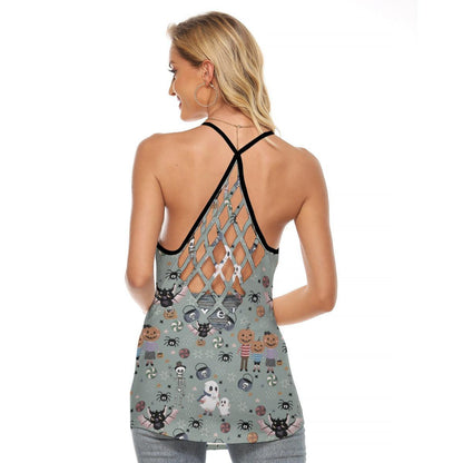 Skull Pumpkin Family Criss-Cross Open Back Tank Top, Hot T-Shirt For Women - Wonder Skull