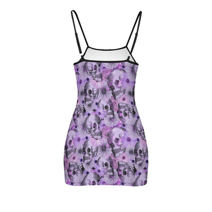 Purple White Skull Daisy Printed Body Dress, Naughty Sleeveless Minidress For Women-Wonder Skull