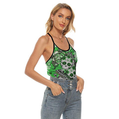 Green Skull Butterfly Criss-Cross Open Back Tank Top, Coolest T-Shirt For Women - Wonder Skull