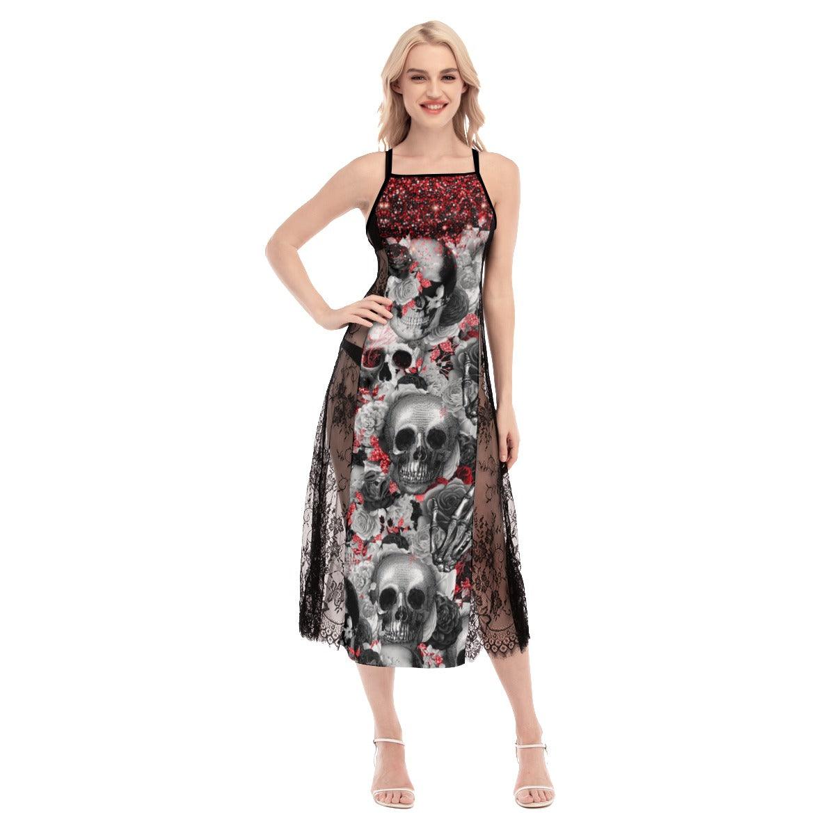 Pink Gothic Skull Pattern Lace Cami Cross Back Women Dress - Wonder Skull
