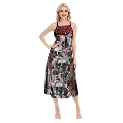 Pink Gothic Skull Pattern Lace Cami Cross Back Women Dress - Wonder Skull