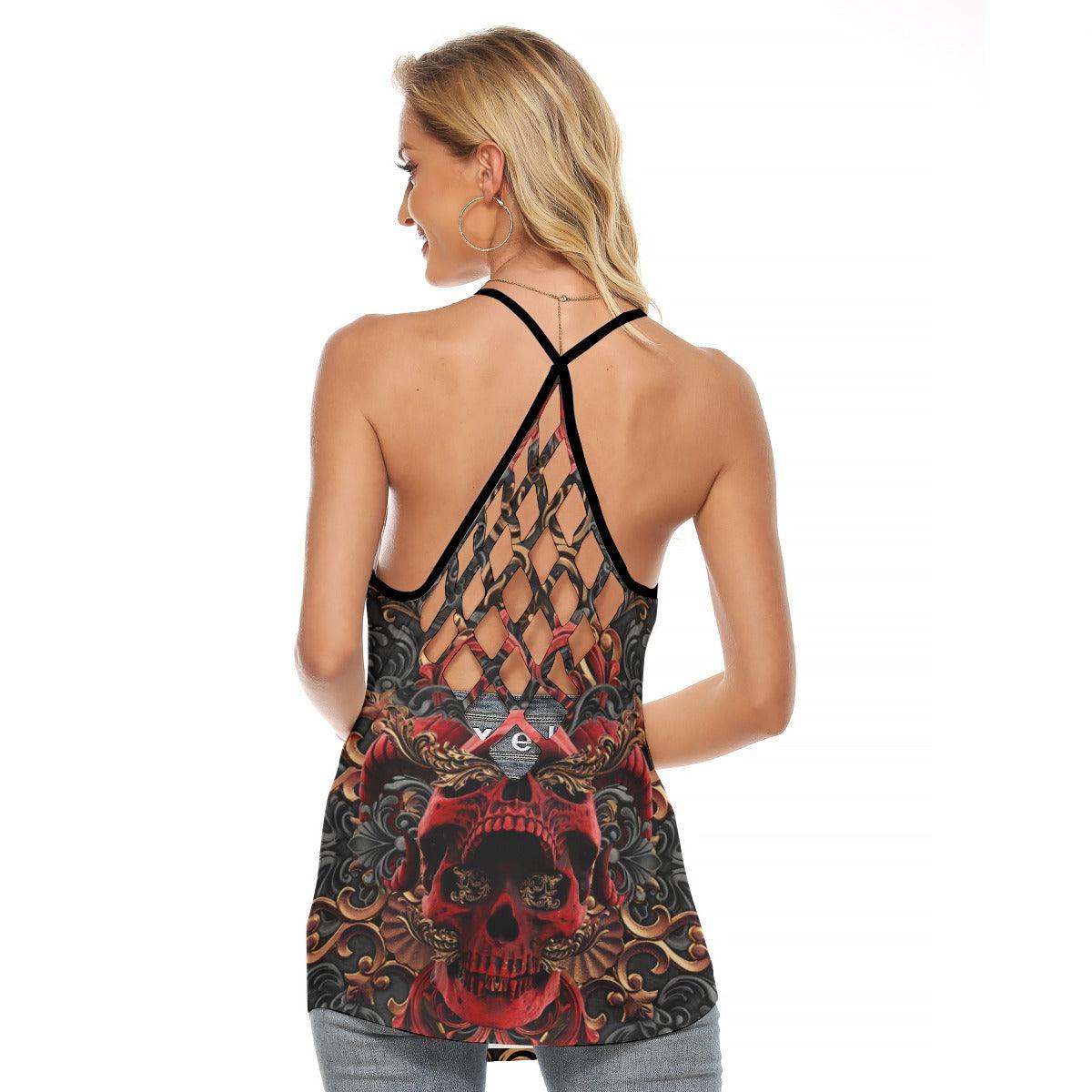 Red Ornament Skull Gothic Criss-Cross Open Back Tank Top, Coolest T-Shirt For Women - Wonder Skull
