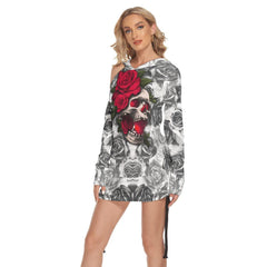 Rose Red Drawing Skull Print Open Shoulder Dress - Wonder Skull