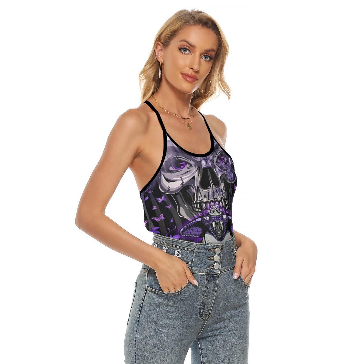 Purple Skull Girl Snake Criss-Cross Open Back Tank Top, Coolest T-Shirt For Women - Wonder Skull