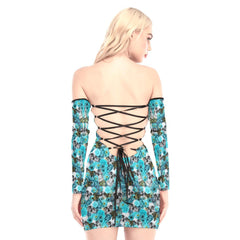 Chaotic Cyan Rose Skull Off-shoulder Back Lace-up Dress - Wonder Skull