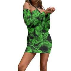 Green Skull Thunder Halter Lace-up Dress, Party Dress for Beautiful Goth Girls - Wonder Skull