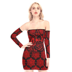 Red Mandala Skull Rose Off-shoulder Back Lace-up Dress - Wonder Skull