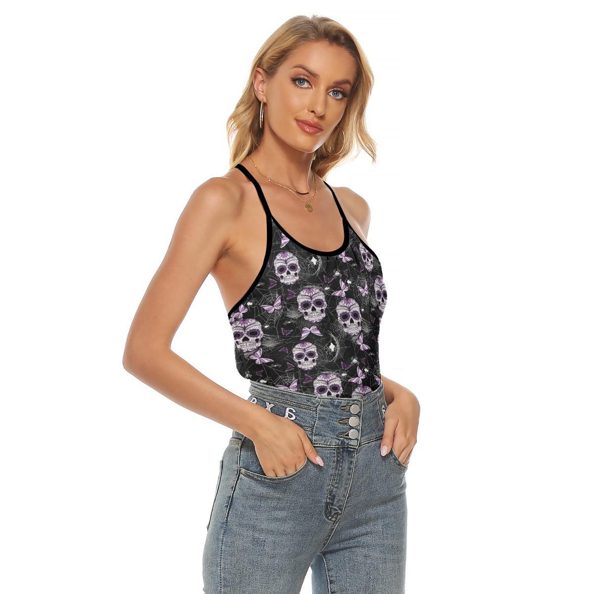 Butter Skull Spider Web Criss-Cross Open Back Tank Top, Coolest T-Shirt For Women - Wonder Skull