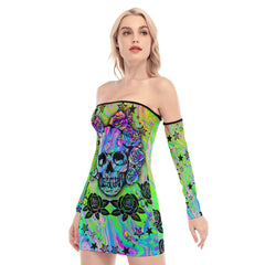 Skull Rose Hologram Off-shoulder Back Lace-up Dress - Wonder Skull