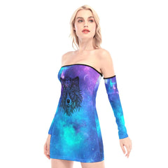 Blue Galaxy Wolf Off-shoulder Back Lace-up Dress - Wonder Skull