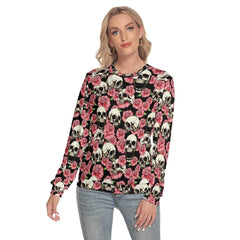 Pink Skull Rose Pattern Slim Round Neck Sweatshirt - Wonder Skull