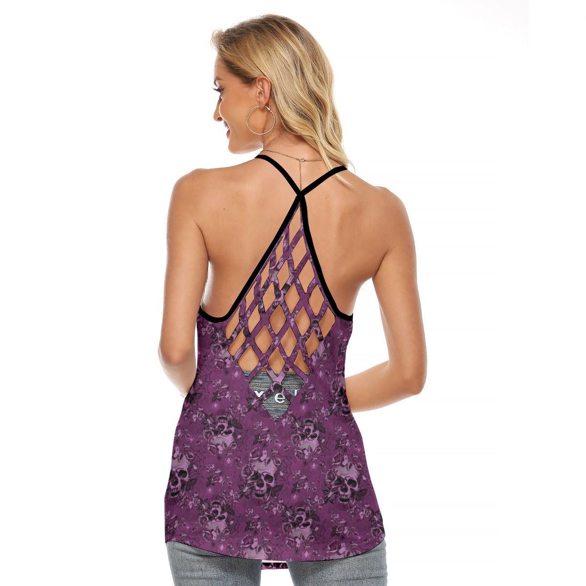 Violet Skull Butterfly Roses Criss-Cross Open Back Tank Top, Coolest T-Shirt For Women - Wonder Skull