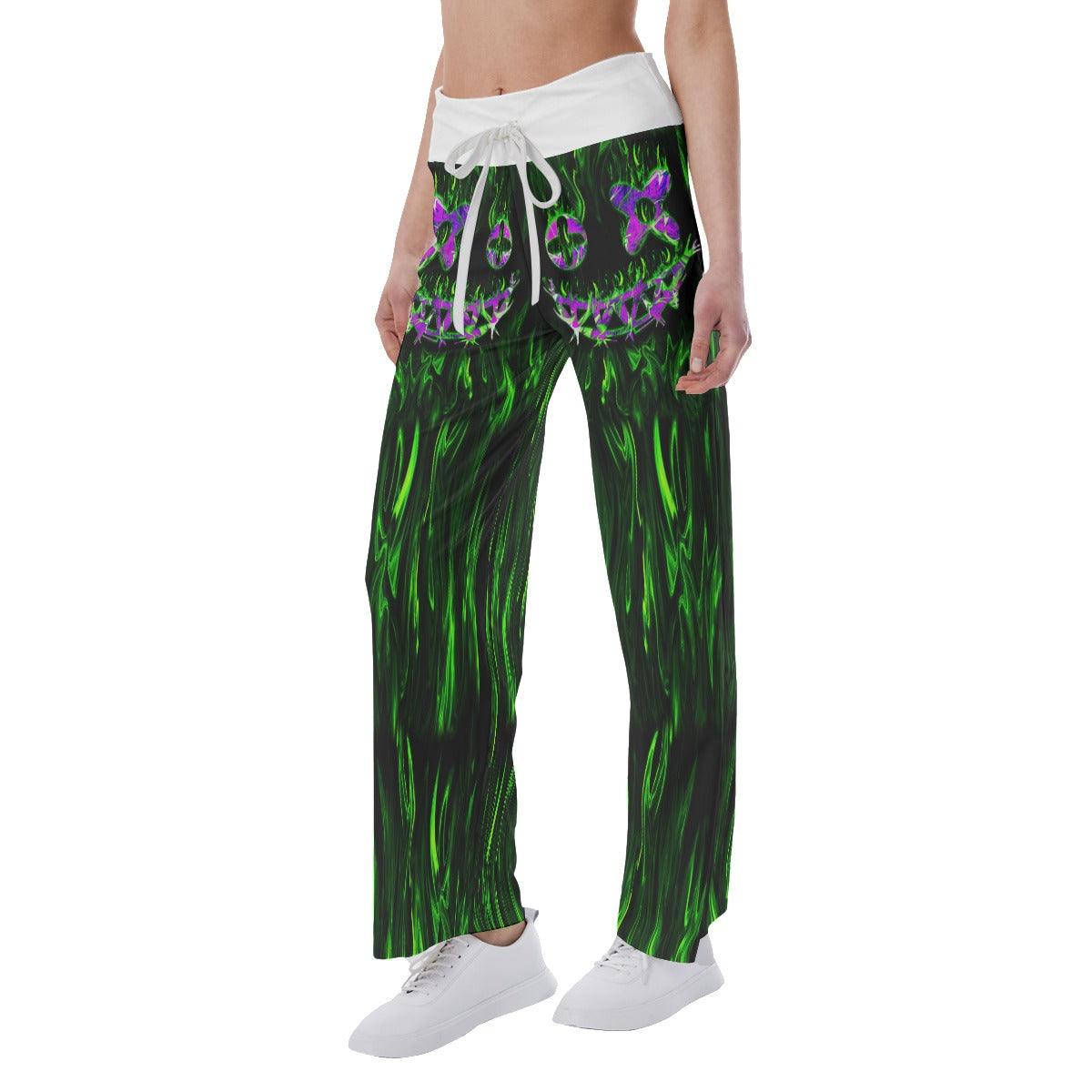 Green Flame Horror Smile Skull High-waisted Wide Leg Pants - Wonder Skull
