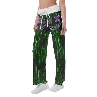 Green Flame Horror Smile Skull High-waisted Wide Leg Pants - Wonder Skull