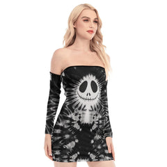 Nightmare Tiedye Gray Off-shoulder Back Lace-up Dress - Wonder Skull