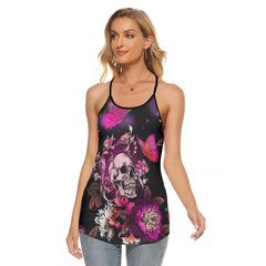 Pink Skull Butterfly Rose Criss-Cross Open Back Tank Top, Coolest T-Shirt For Women - Wonder Skull