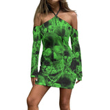 Green Skull Thunder Halter Lace-up Dress, Party Dress for Beautiful Goth Girls - Wonder Skull