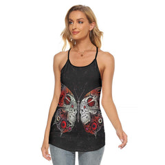 Skull Gothic Butterfly Criss-Cross Open Back Tank Top, Coolest T-Shirt For Women - Wonder Skull