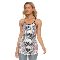 Pink Floral Skull Criss-Cross Open Back Tank Top, Coolest T-Shirt For Women - Wonder Skull