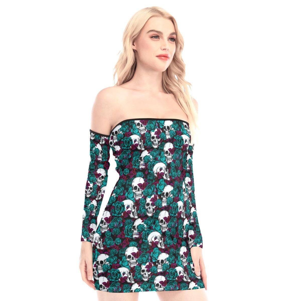 Jungle Green Rose Skull Off-shoulder Back Lace-up Dress - Wonder Skull