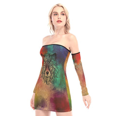 Wolf Painting Art Off-shoulder Back Lace-up Dress - Wonder Skull